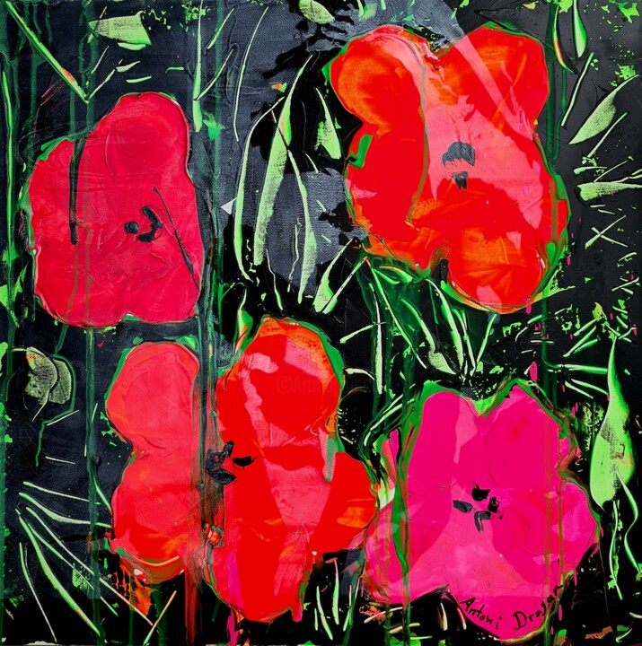 Painting titled "Andy's flowers in n…" by Antoni Dragan, Original Artwork, Acrylic Mounted on Wood Stretcher frame