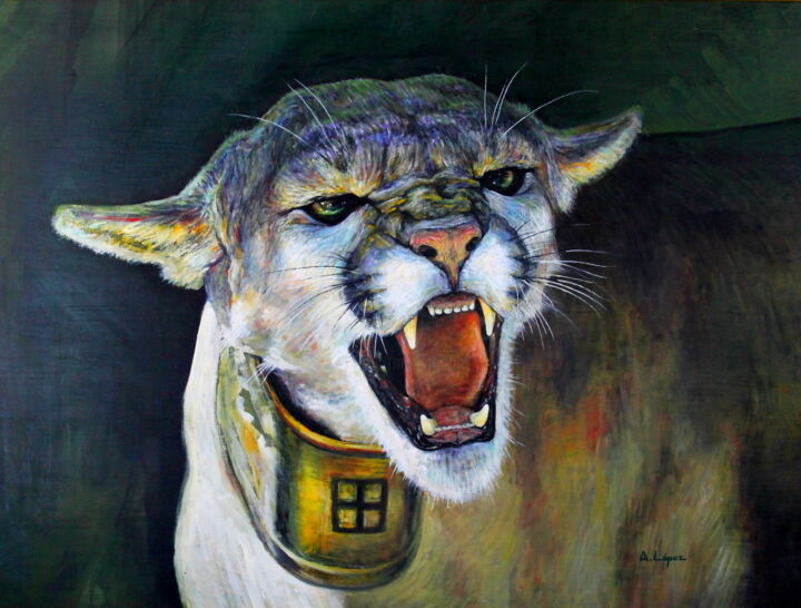 Pintura titulada "Puma rugiendo" por Antonio Agustín López Rodríguez, Obra de arte original, Oleo Montado en Bastidor de cam…