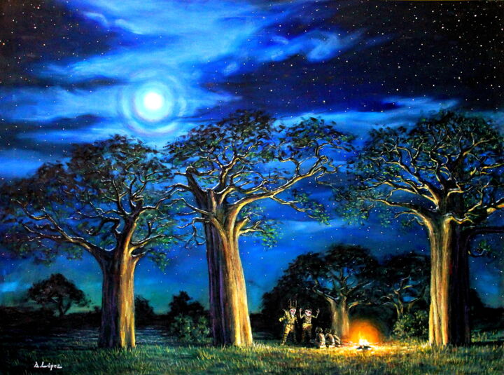 Pintura titulada "Noche africana" por Antonio Agustín López Rodríguez, Obra de arte original, Oleo Montado en Bastidor de ca…