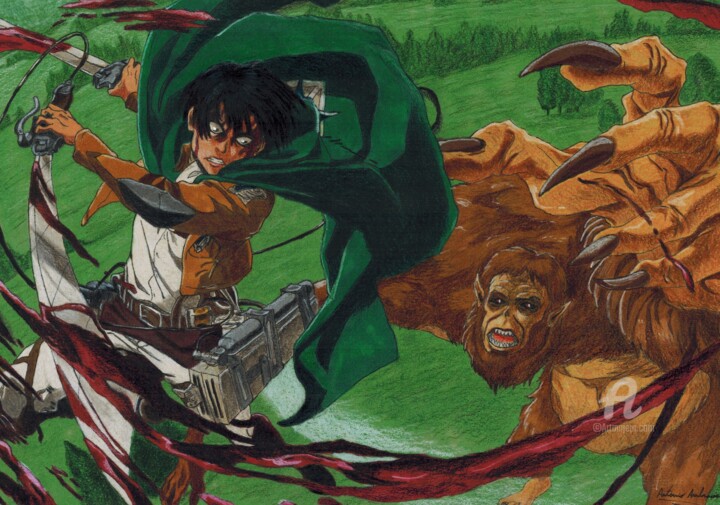 Disegno intitolato "Levi vs Beast titan" da Antonio Ambrosio, Opera d'arte originale, Matite colorate