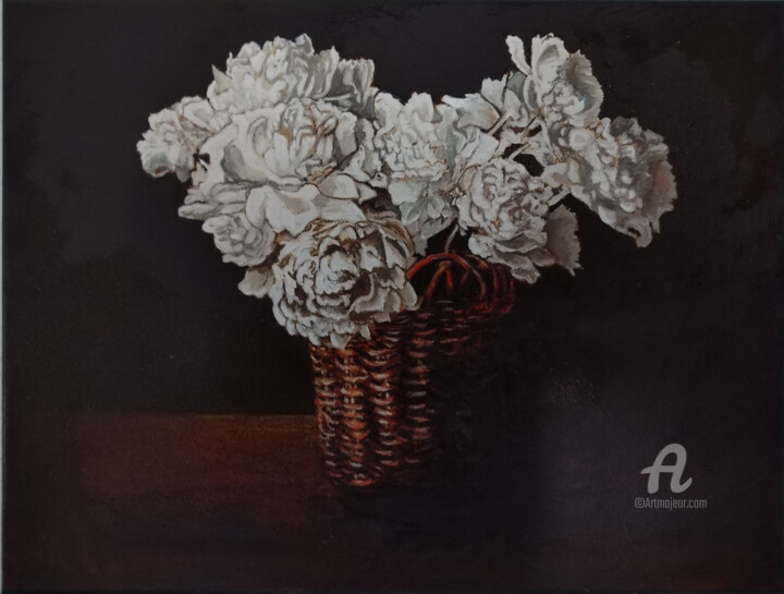 Pintura titulada "cesto con fiori bia…" por Antonio Cantiello, Obra de arte original, Oleo
