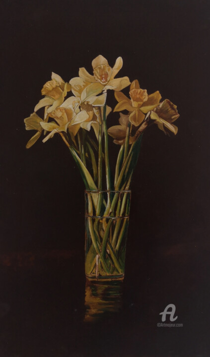Painting titled "fiore di narciso" by Antonio Cantiello, Original Artwork, Oil Mounted on Wood Stretcher frame