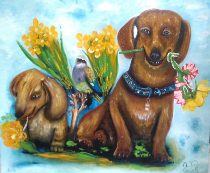 Painting titled "i 2 cani con il fio…" by Antonio Cariola, Original Artwork, Oil