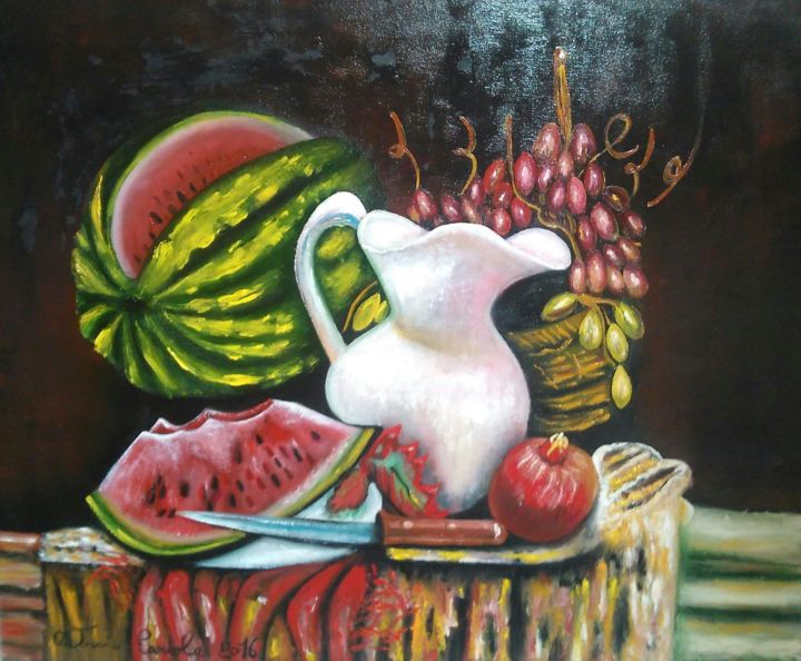 Painting titled "cocomero tagliato" by Antonio Cariola, Original Artwork, Oil