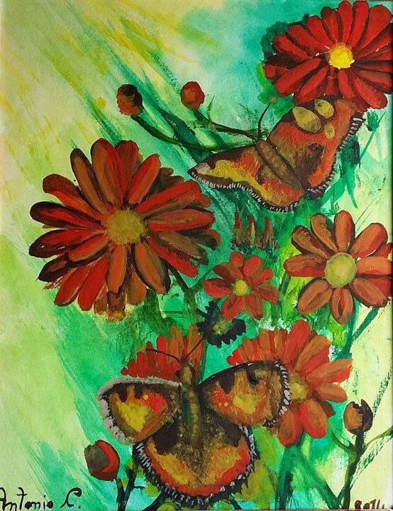 Pintura titulada "fiori e farfalle" por Antonio Cariola, Obra de arte original, Acuarela