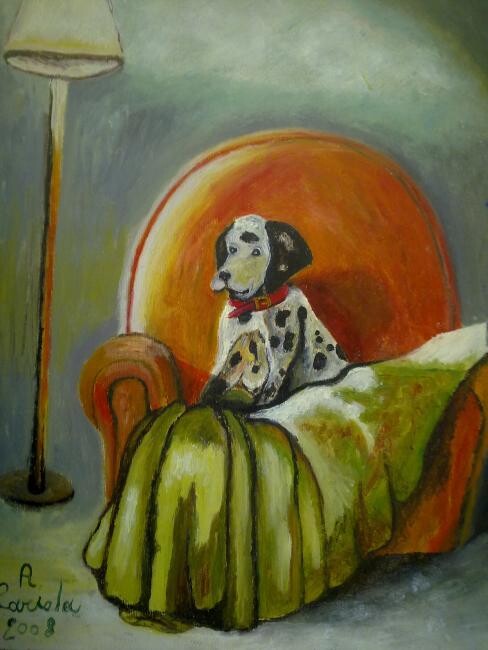Painting titled "cane in poltrona" by Antonio Cariola, Original Artwork, Oil
