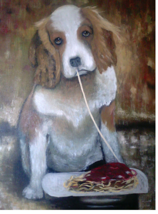 Pittura intitolato "cane mangione" da Antonio, Opera d'arte originale,