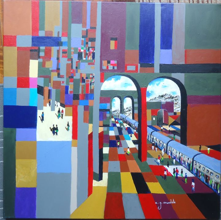 Pintura intitulada "estacão de comboios" por Antonio Gomes Anacleto, Obras de arte originais, Acrílico Montado em Armação em…