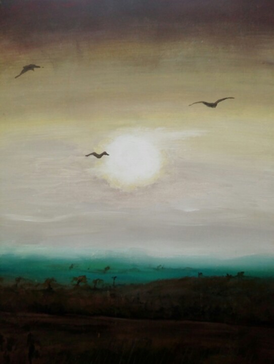 Pintura titulada "sunset-with-seagull…" por Antonio Peña, Obra de arte original, Acrílico