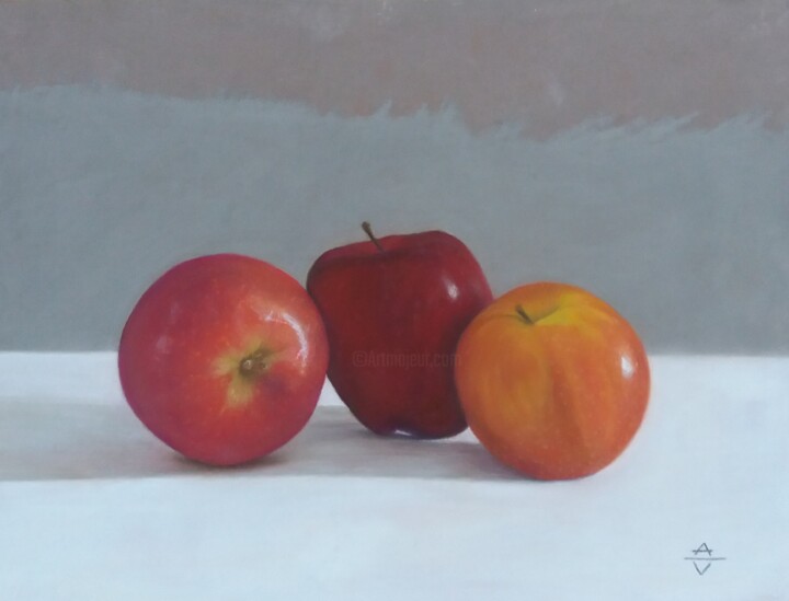 Zeichnungen mit dem Titel "Trio Äpfel" von Antonio Visciano, Original-Kunstwerk, Pastell Auf Holzplatte montiert
