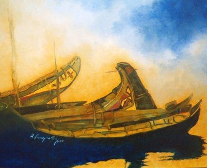 Painting titled "Barcos em descanso" by Antonio Guimaraes Santos, Original Artwork, Oil