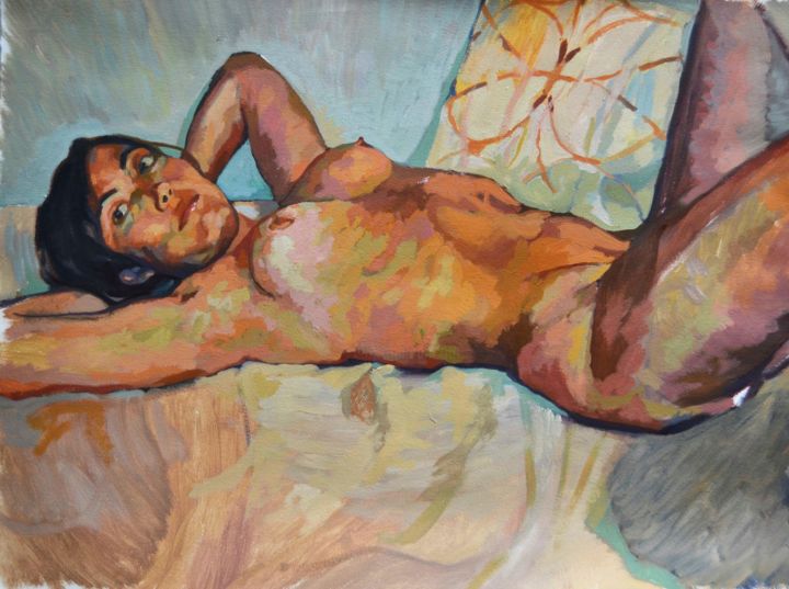 Malerei mit dem Titel "Nu au lit" von Antonio Jaenada, Original-Kunstwerk, Öl Auf Holzplatte montiert