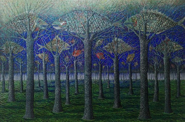 제목이 "BOSCO FANTASTICO"인 미술작품 Antonio Presti로, 원작, 아크릴 나무 들것 프레임에 장착됨