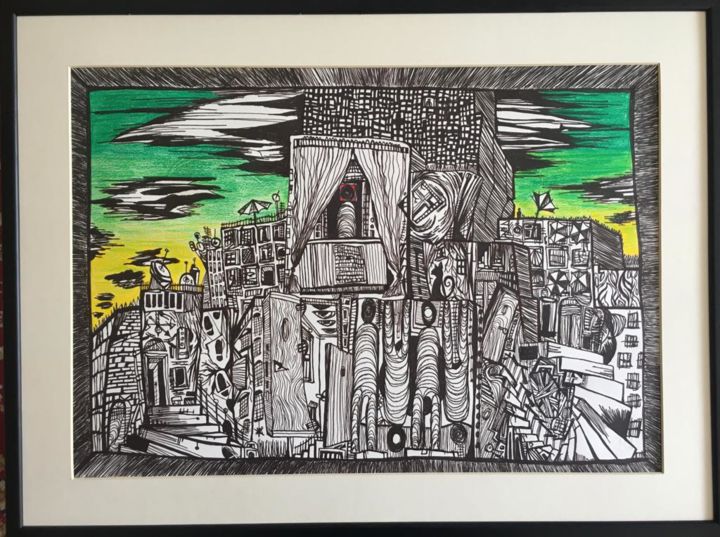 Painting titled "Acid sky over town" by Antonio Romano (VIVO A TRATTI), Original Artwork, Marker