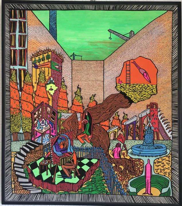 Painting titled "Attenzione: luogo p…" by Antonio Romano (VIVO A TRATTI), Original Artwork, Marker