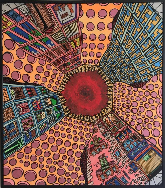 Painting titled "La Città, la Piovra" by Antonio Romano (VIVO A TRATTI), Original Artwork, Marker