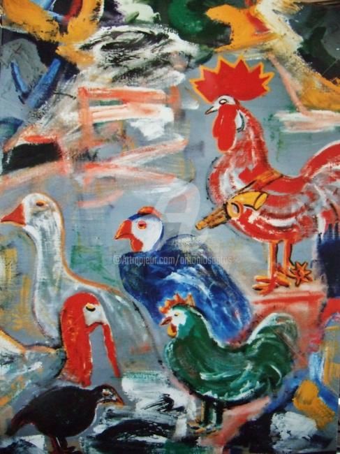 Peinture intitulée "O galo no poleiro(L…" par Antonio Santos, Œuvre d'art originale