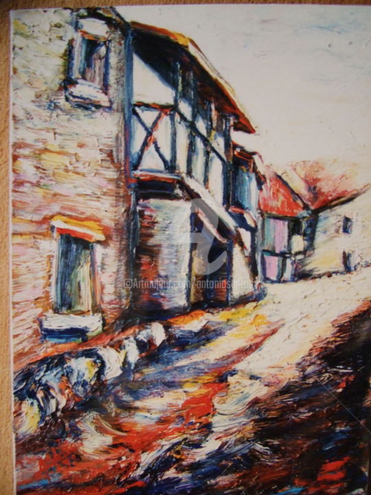 Schilderij getiteld "Rua da aldeia de Ze…" door Antonio Santos, Origineel Kunstwerk, Olie