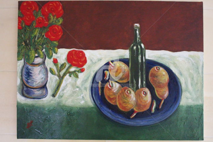 Schilderij getiteld "Prato com fruta e V…" door Antonio Santos, Origineel Kunstwerk, Olie