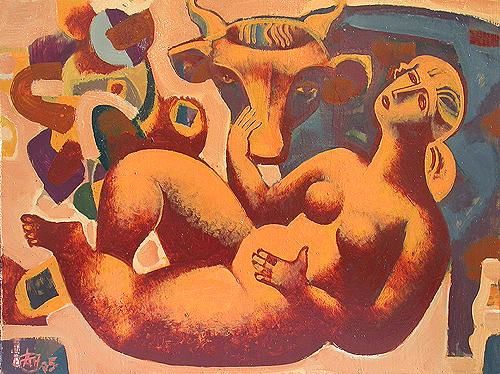 Painting titled ""Girl and a Bull"" by Nikolay Antonov, Original Artwork
