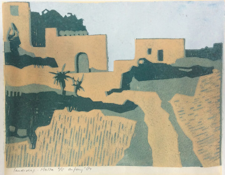 Printmaking titled "Landscape Malta" by Antony De Baat, Original Artwork, Linocuts