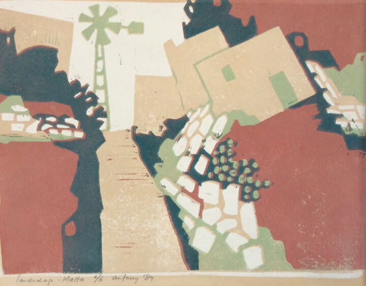 Gravures & estampes intitulée "Landscape Malta II" par Antony De Baat, Œuvre d'art originale, Linogravures