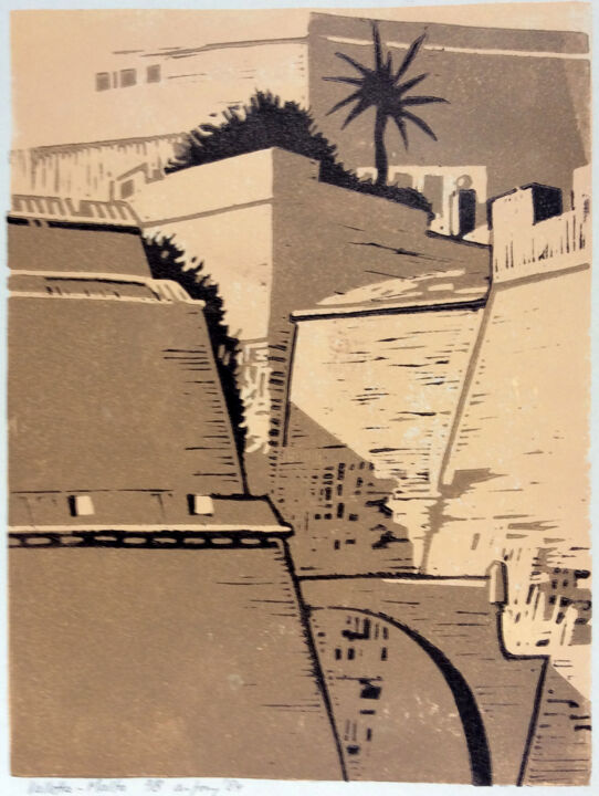 Gravures & estampes intitulée "Ramparts Valletta-M…" par Antony De Baat, Œuvre d'art originale, Linogravures