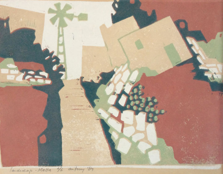 Prenten & gravures getiteld "Landscape Malta II" door Antony De Baat, Origineel Kunstwerk, Linosnede