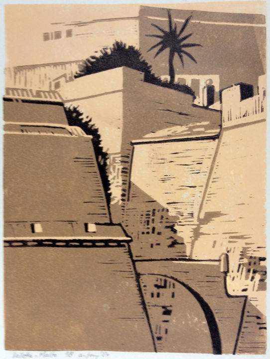 Prenten & gravures getiteld "Ramparts Valletta-M…" door Antony De Baat, Origineel Kunstwerk, Linosnede