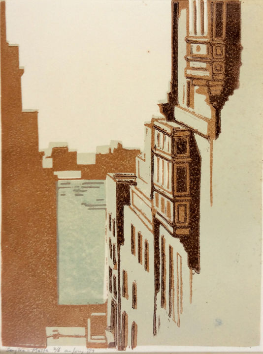 Prenten & gravures getiteld "Senglea-Malta" door Antony De Baat, Origineel Kunstwerk, Linosnede
