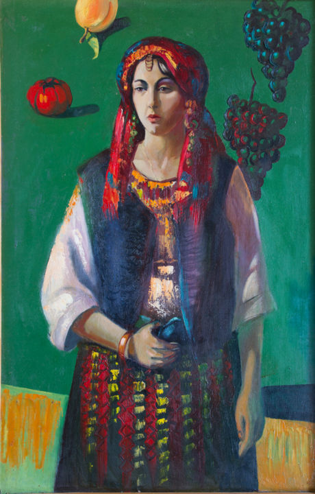Painting titled "Портрет на зеленом" by Ekaterina Antropova, Original Artwork, Oil