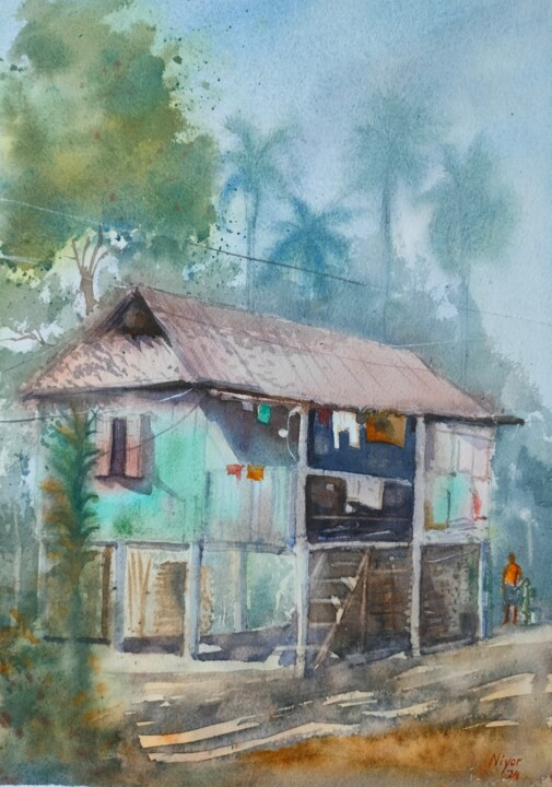 Painting titled "Village Hut" by Anubhuti Das, Original Artwork, Watercolor