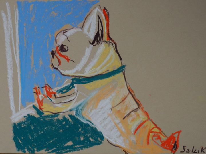 Disegno intitolato "French bulldog wait…" da Anna Sadzik, Opera d'arte originale, Pastello