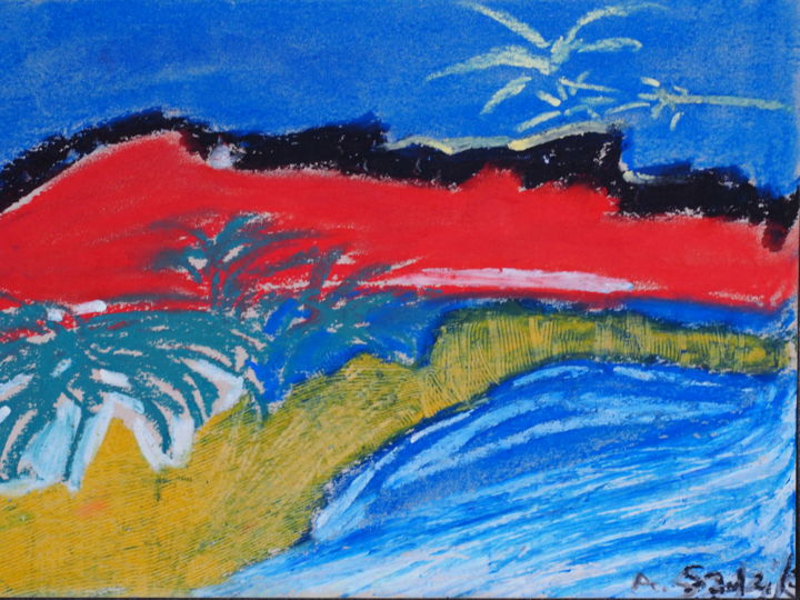 Disegno intitolato "Palm trees on the o…" da Anna Sadzik, Opera d'arte originale, Pastello