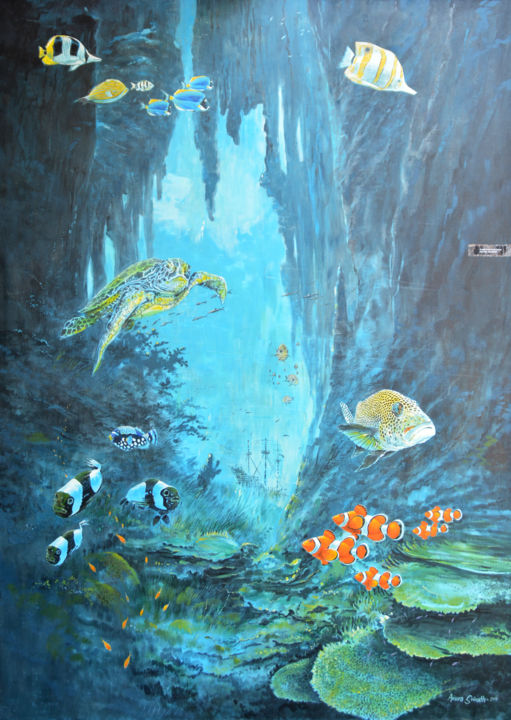 Painting titled "Sea World" by Anura Srinath, Original Artwork, Acrylic Mounted on Wood Stretcher frame