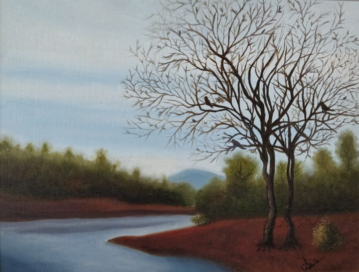 Painting titled "Lone tree by waters…" by Ak, Original Artwork, Oil