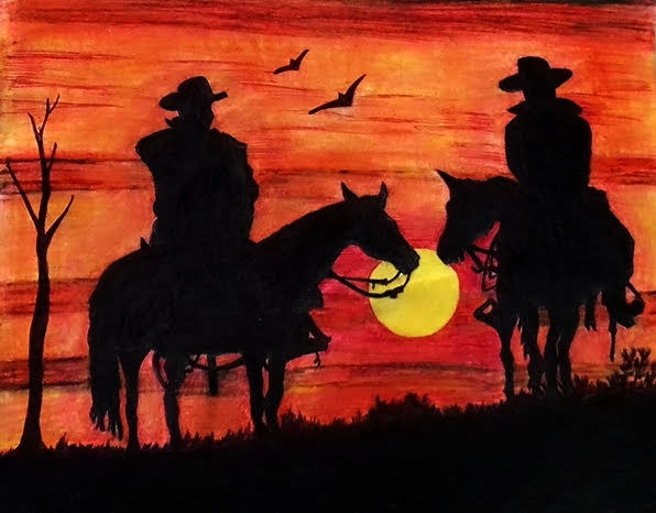 Peinture intitulée "Cowboys at sunset" par Anusree Palit Palit, Œuvre d'art originale, Encre