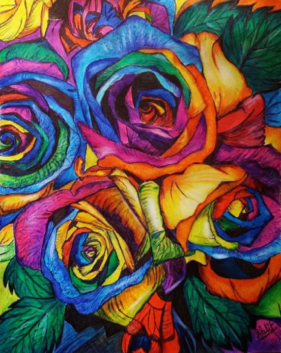 Peinture intitulée "Rainbow Roses" par Anusree Palit Palit, Œuvre d'art originale, Pastel