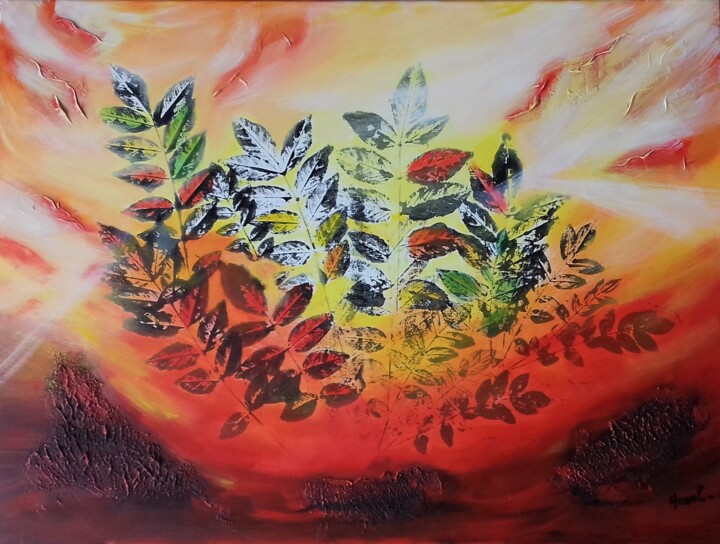 Schilderij getiteld "Red autumn" door Anval, Origineel Kunstwerk, Acryl Gemonteerd op Frame voor houten brancard