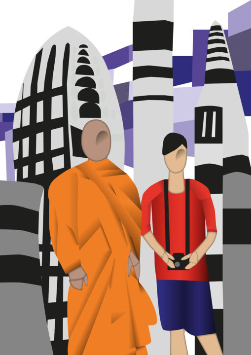 Digitale Kunst getiteld "Tourist and monk ag…" door An Van Assche, Origineel Kunstwerk, Digitaal Schilderwerk