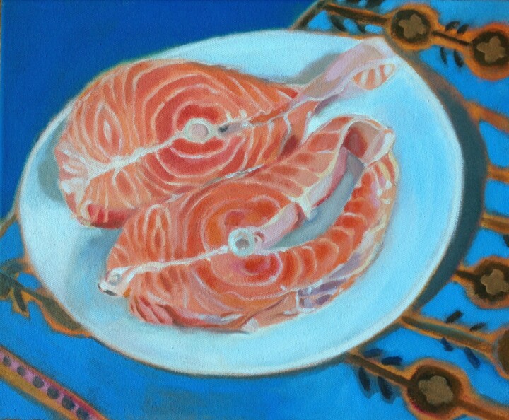 Painting titled "Salmon for Lunch" by Anyck Alvarez Kerloch, Original Artwork, Acrylic Mounted on Wood Stretcher frame