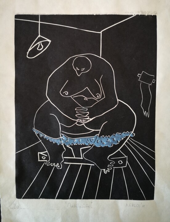 Отпечатки и Гравюры под названием "Méditation" - Anyck Alvarez Kerloch, Подлинное произведение искусства, Линогравюры