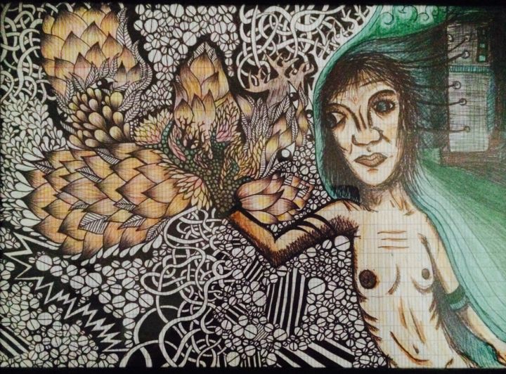 Рисунок под названием "Nature et technolog…" - Any, Подлинное произведение искусства, Шариковая ручка