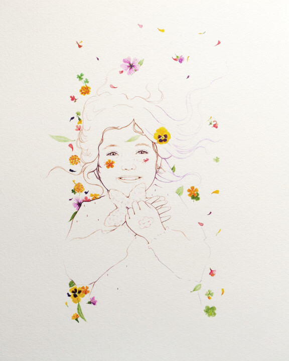 Dessin intitulée "Avec les fleurs" par Anyse Alagama, Œuvre d'art originale, Acrylique
