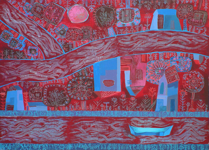 Peinture intitulée "Красные реки" par Anzhela Golodetskaia, Œuvre d'art originale, Acrylique