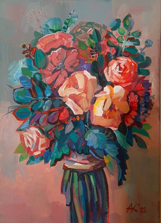 Картина под названием "Букет" - Анжелика Кондрационова, Подлинное произведение искусства, Акрил Установлен на Деревянная рам…