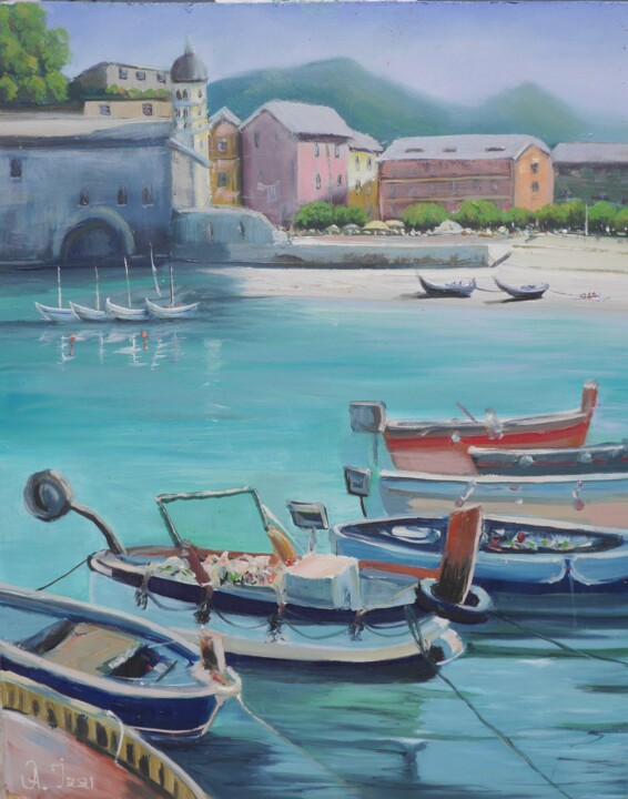 Painting titled "Portofino painting,…" by Anzhelika Izzi, Original Artwork, Oil