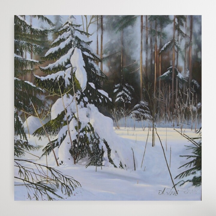 Schilderij getiteld "Pine Tree Winter Pa…" door Anzhelika Izzi, Origineel Kunstwerk, Olie Gemonteerd op Frame voor houten br…