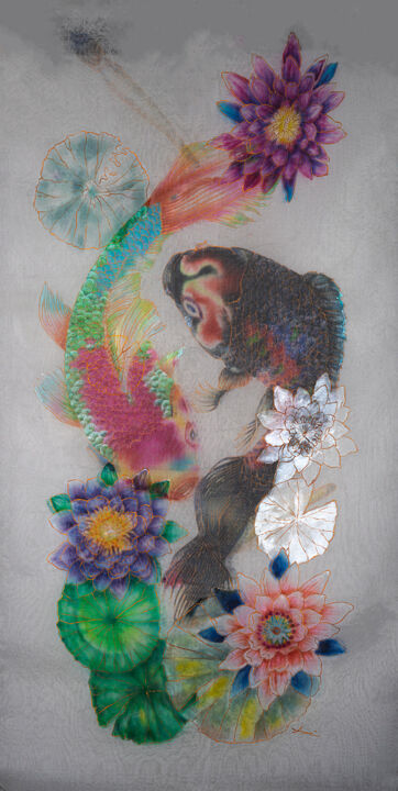 Текстильное искусство под названием "Monet's Garden Koi…" - Aomi Kikuchi, Подлинное произведение искусства, Ткань