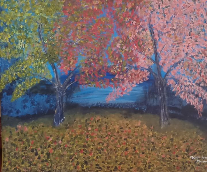 Peinture intitulée "Soirée d'automne" par Marion Myriam, Œuvre d'art originale, Huile